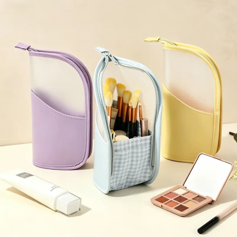 Vertical Standing Freestanding Makeup Brush Bag, Half Transparent Visible Window Plaid Lining Pockets Zipper Storage Pouch