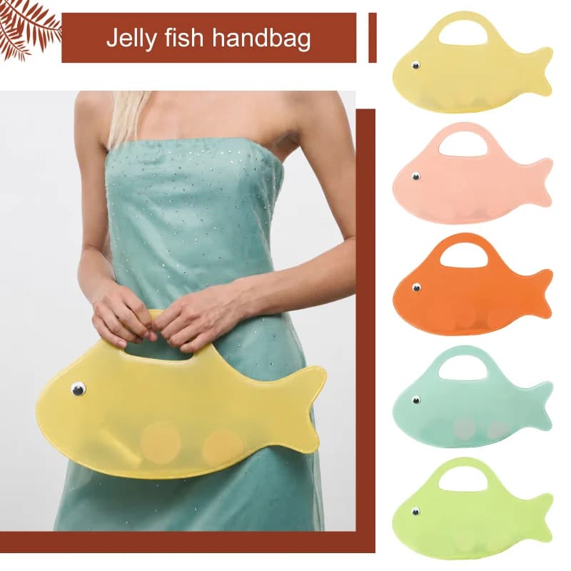 Jelly Color Clear Frosted TPU Handbag Fish Shape Lightweight Beach Seaside Vacation Clutch Purse,Summer Transparent Evening Bag