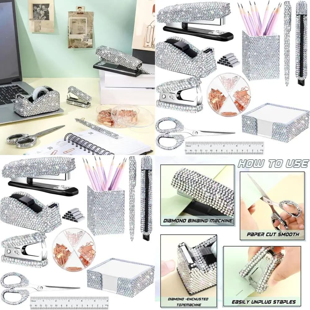 Set di accessori da scrivania in cristallo argento da 10 pezzi: cucitrice glitterata, levapunti, dispenser per nastro adesivo, forbici e altro per la casa delle donne
