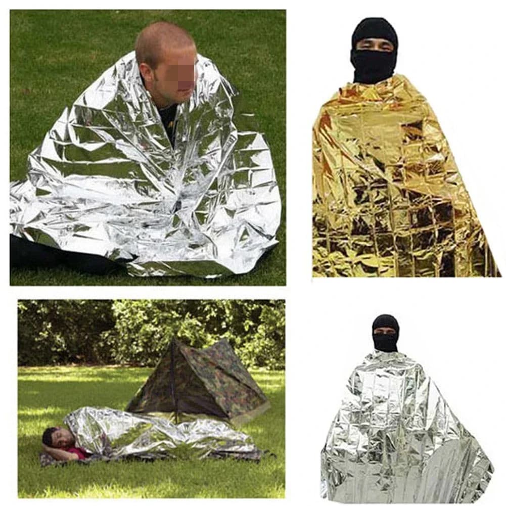 Coperta Solare Riflettente per Campeggio e Sopravvivenza, Pellicola Isolante di Sicurezza in Mylar, Termica 160x210cm Oro, 130x210cm Argento