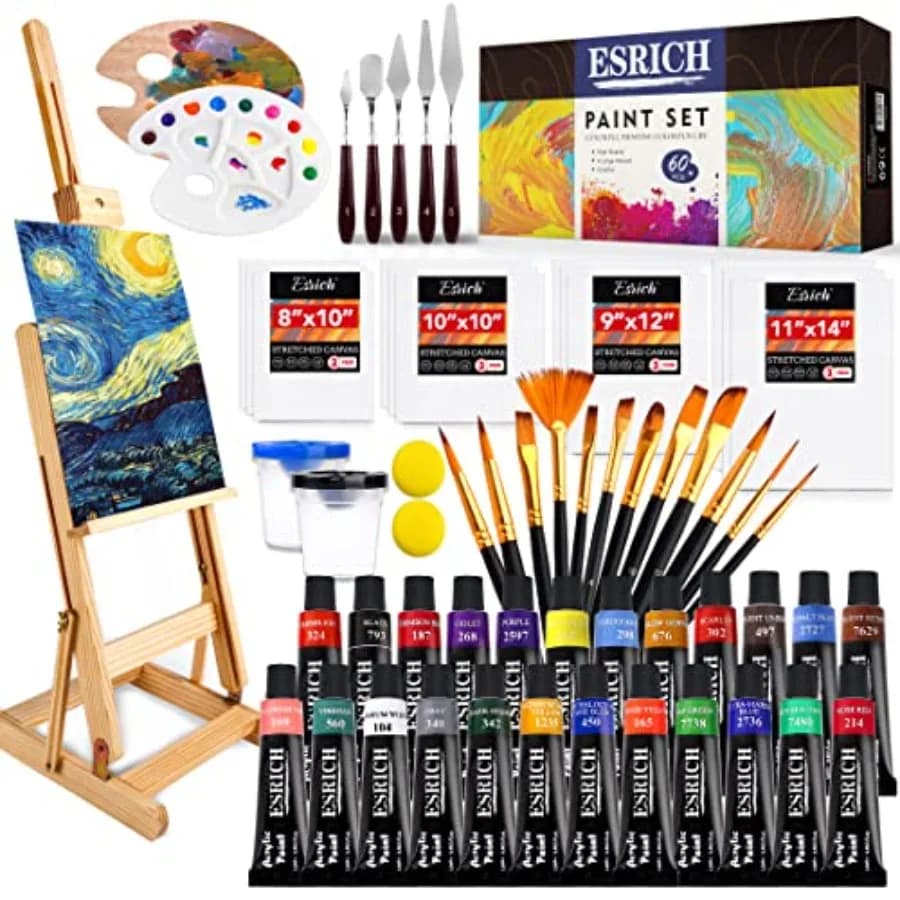 Professional Acrylic Paint Set, PCS with Painting Brushes, Acrylic Paints, Easel, 4 Sizes Blank Canvases, Palette, Paint Knives
