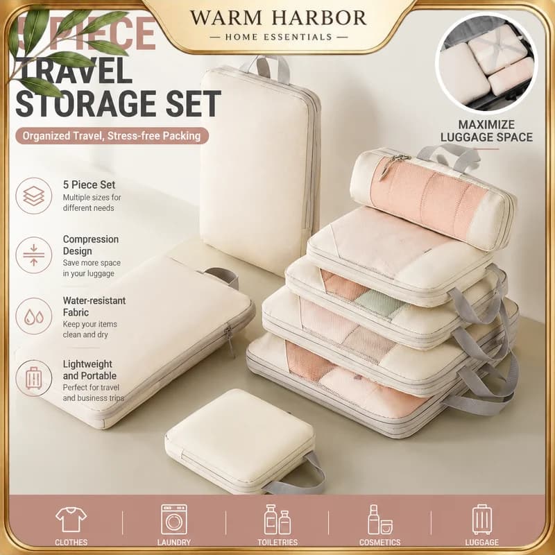5PCS Travel Compression Packing Cubes Clothes Organizer Bags Laundry Toiletry Cosmetic Storage Bags Luggage Suitcase Packing