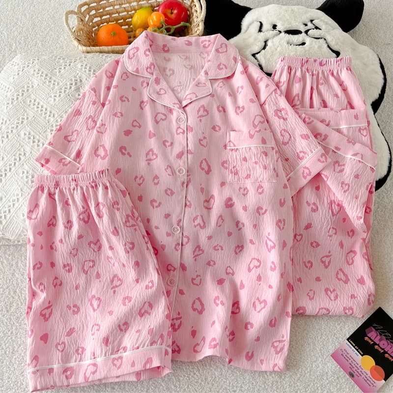 Spring and Summer New Women's Sleepwear Home Suit Set Leopard Print Breathable Sleepwear Home Suit Short Sleeved Three Piece Set