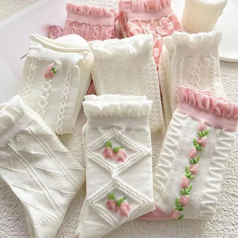 Set Socks Interesting Socks Leisure Lace Socks 5 pairs of cute white woman socks Harajuku Lolita Set white cotton socks in spring lace and summer socks JK pink new style