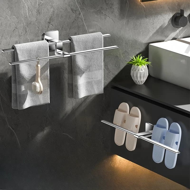 304 Stainless Steel Multi Functional Wall Mount Towel Rack High Low Rail No Drill Bathroom Storage Hook for Towel Robe Slipper