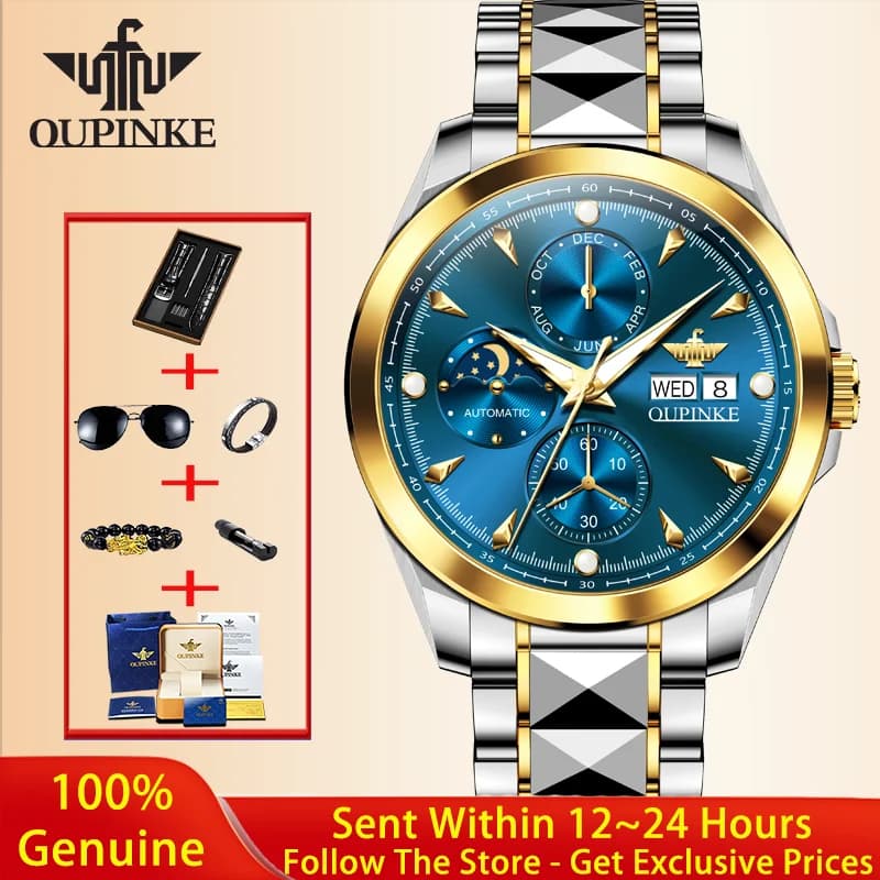 Orologio da Uomo OUPINKE di Alta Gamma, Orologio Meccanico in Acciaio al Tungsteno con Vetro Zaffiro, Impermeabile, Completamente Automatico