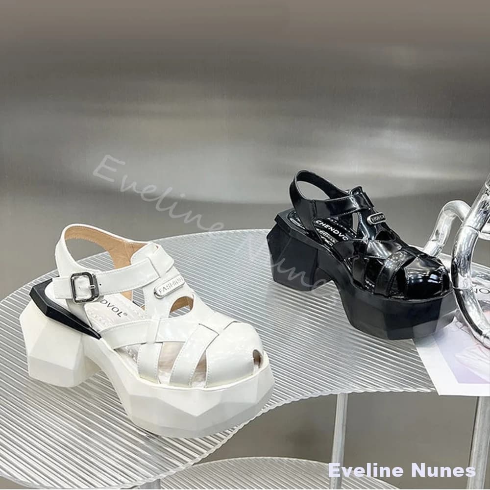 Sandali Donna con Tacco Grosso a Forma di Diamante, Plateau Argento con Punta Chiusa, Intrecciati, Nuovi Sandali Estivi Semplici e Versatili