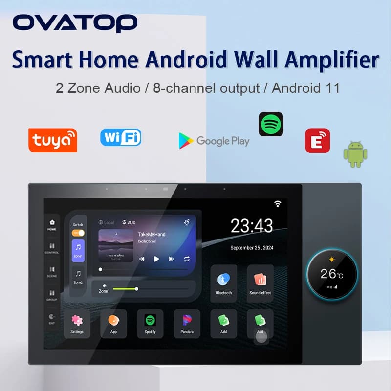 Smart Home Amplificatore audio da parete a 2 zone Android 11 WiFi Bluetooth amplificatore audio lettore musicale sistema di pannello di controllo da 10 pollici