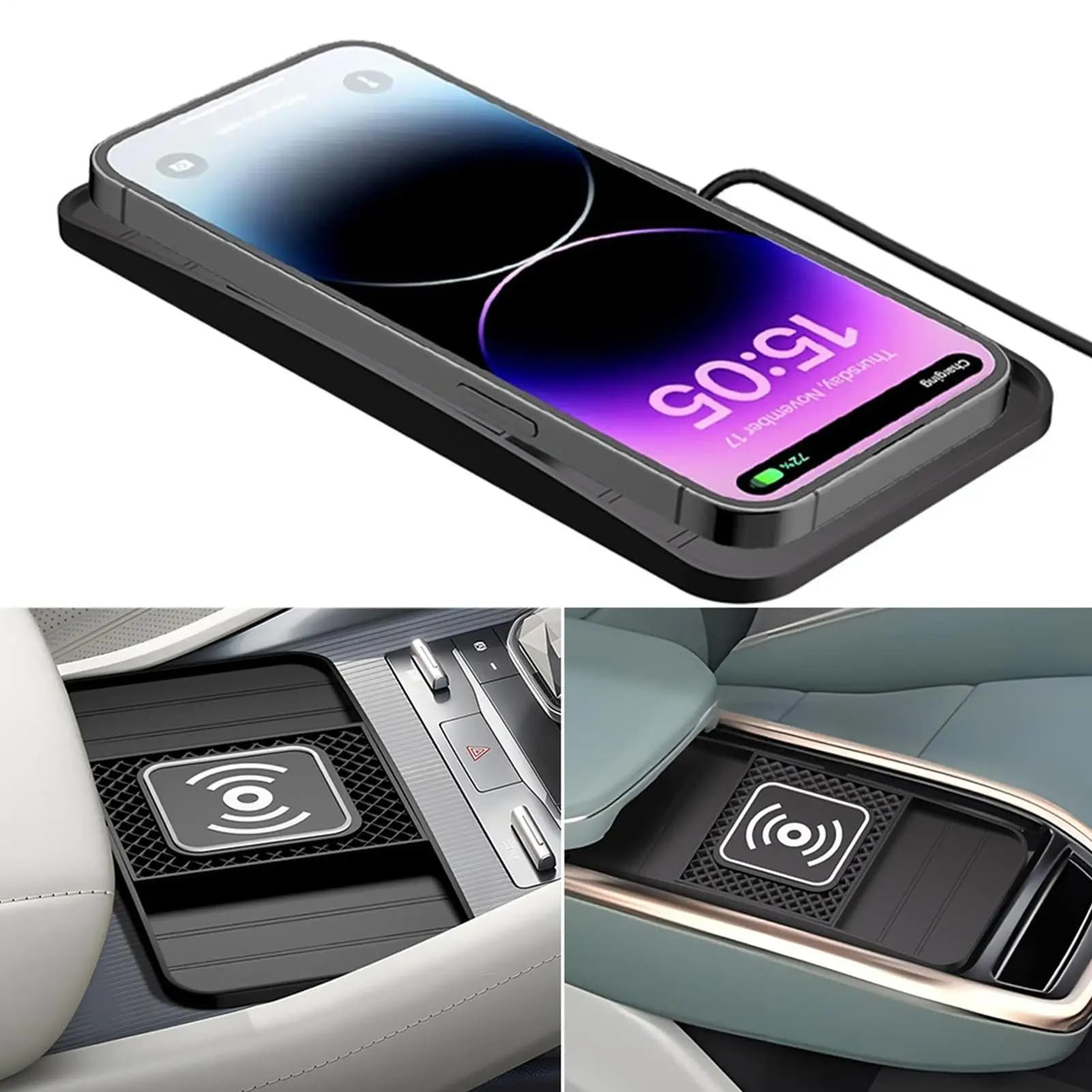Car Charger Car Wireless Car Charger Mat with Anti-slip Rubber Mat Rechargeable Device for Fast Rechargeable Phone Adjustable for Car Storage Boxes