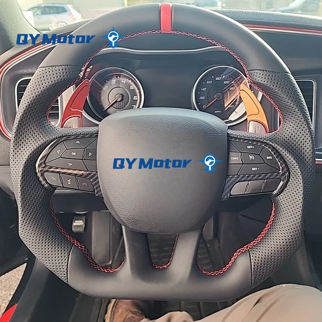 Volante in pelle per Dodge Challenger Charger SRT HELLCAT 2015‐2022 Ruota sportiva a forma di D Striscia rossa