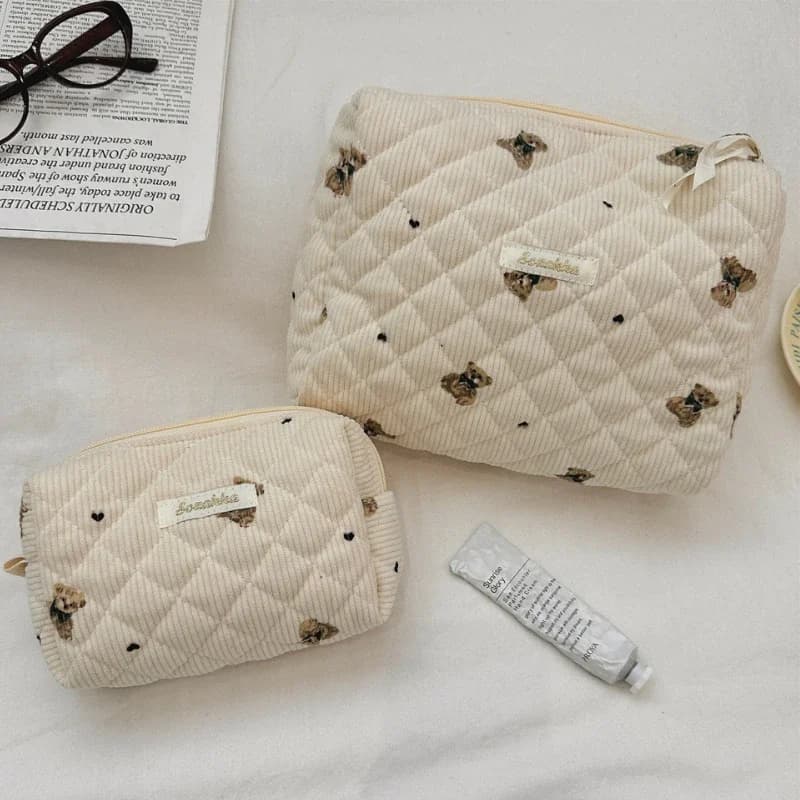 Borsa per cosmetici da donna con orso cartone animato Borsa per cosmetici da viaggio portatile in velluto a coste da donna Borsa semplice per ragazze con pochette