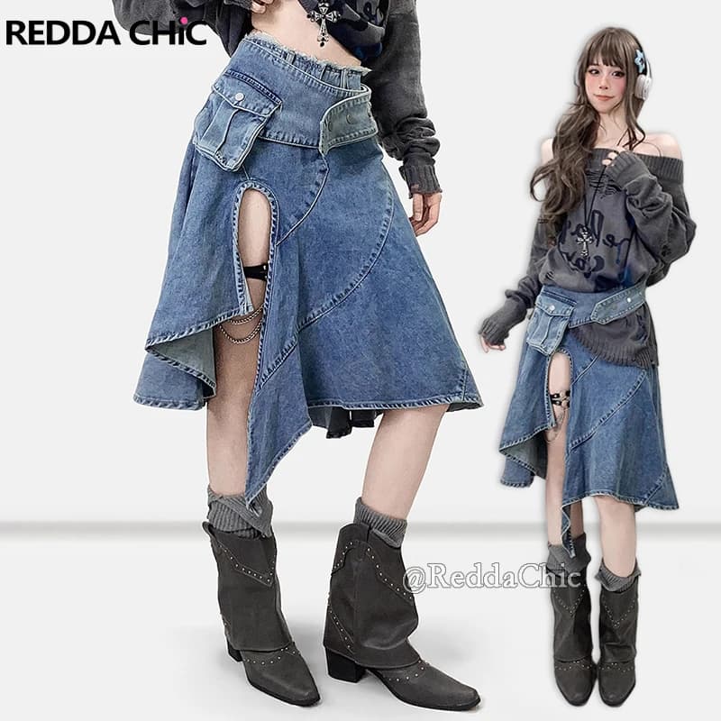 REDDACHiC Women Jean Skirt with Belt Pouch Y2k Irregular Ruffle Low Waist Midi Long Split Waist Bag Denim Skirt Western Bottoms