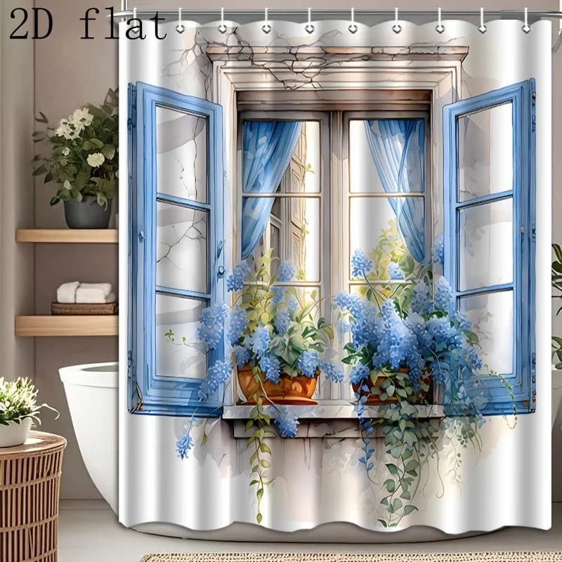 2D Flat, 1pc Shower Curtain with Hooks, Blue Floral and Window Pattern 2D Flat Print, Can Be Used as Bathroom Partition, Window