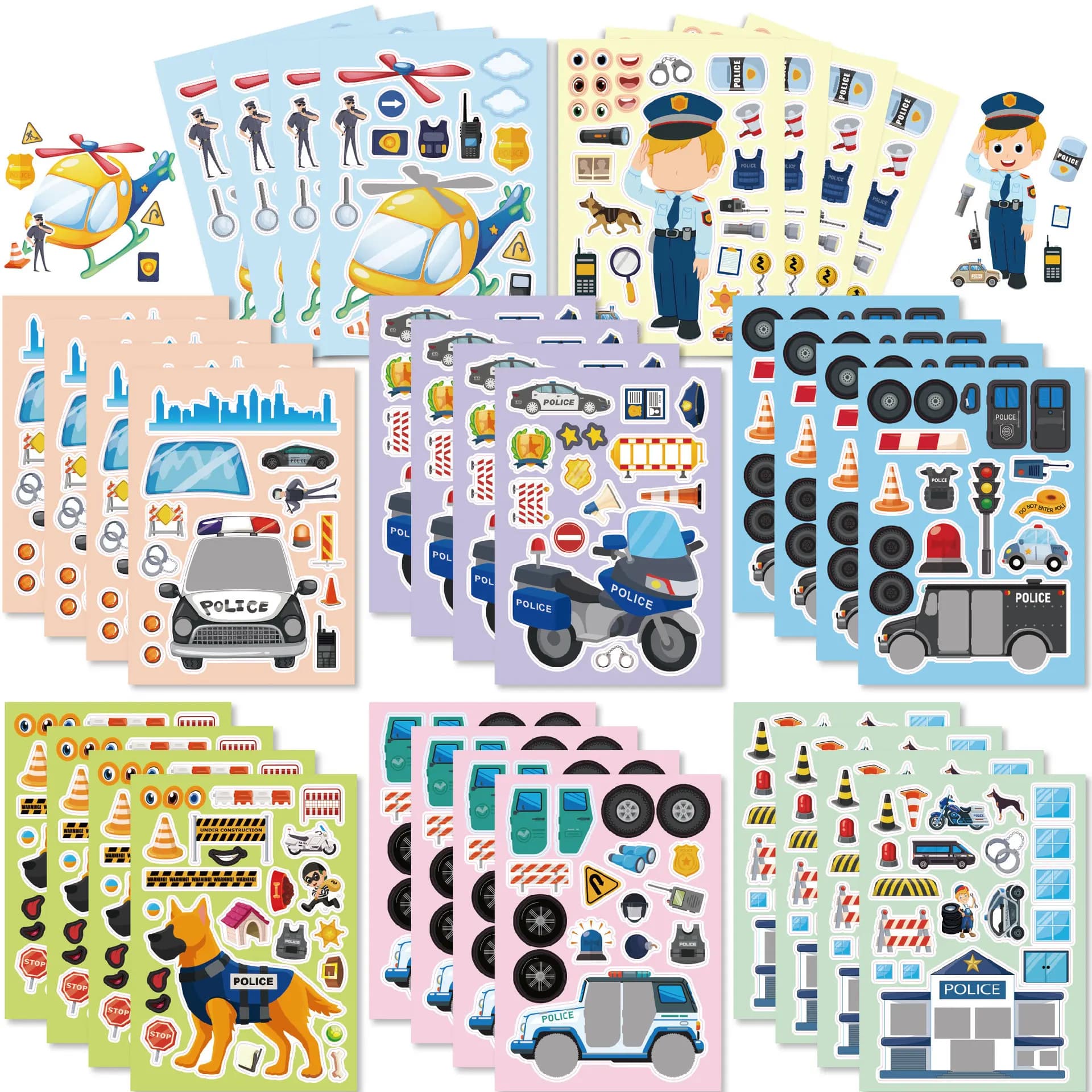 16 fogli Cartoon Vocazione Tema della polizia Fai fai da te Adesivi per il viso Puzzle Giocattoli per bambini Ragazzo Compleanno Baby Shower Bomboniere Regali