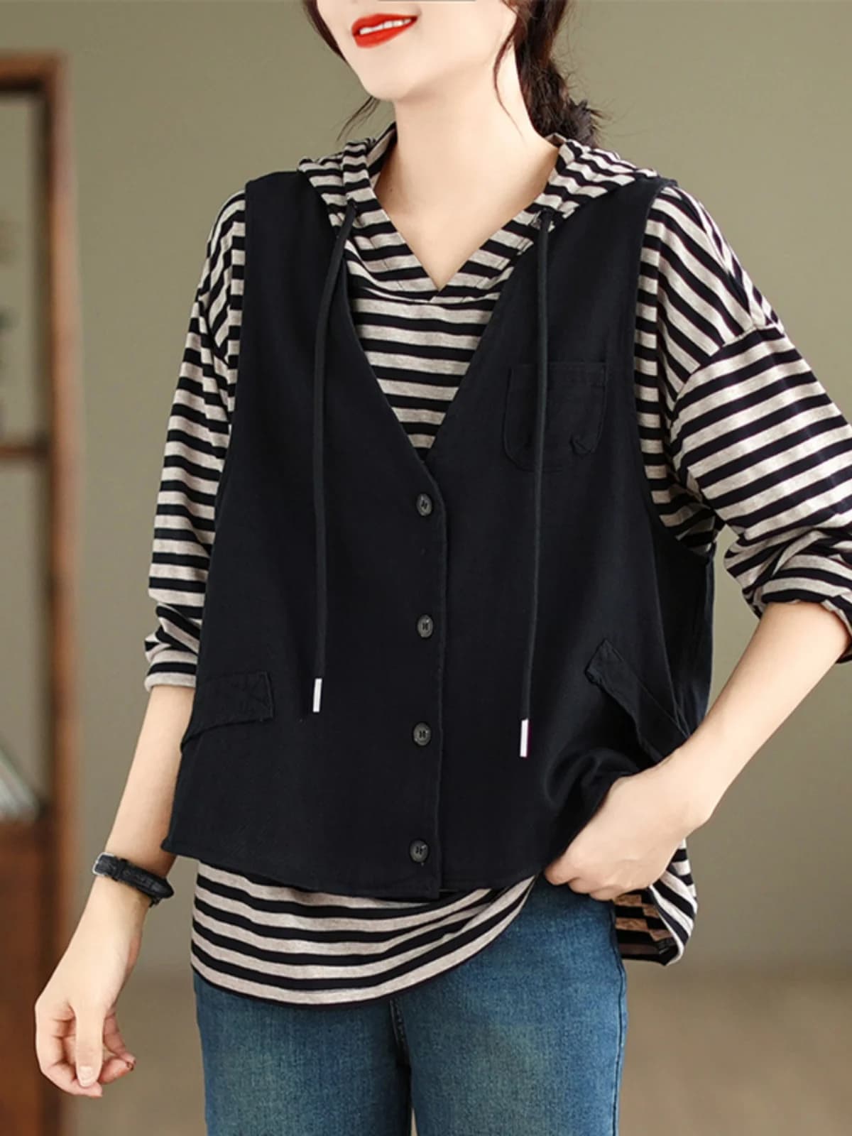 Cotton Gingham Women's Vest Spring New Loose V-neck Sleeveless Layering Shoulder Pad Jacket Commute Style Pure Color