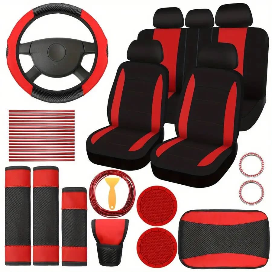 Suitable For Women, 41-Piece Car Interior Set Including Polyester Car Seat Covers, PU Leather Steering Wheel Cover, Shoulder Pad