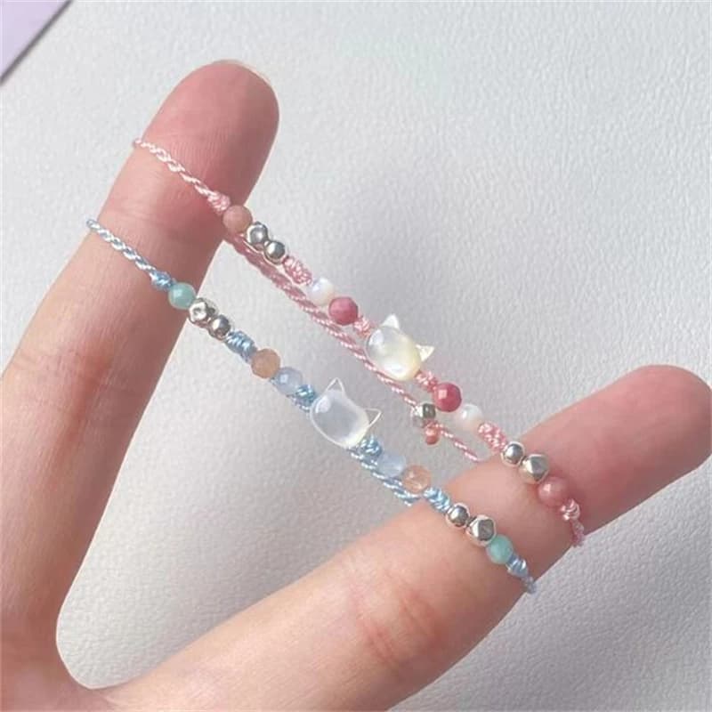 Handmade 2pcs Cute Cat Couple Bracelet For Women Men Cartoon Kitten Beaded Woven Wristband Party Valentine's Day Jewelry Gifts
