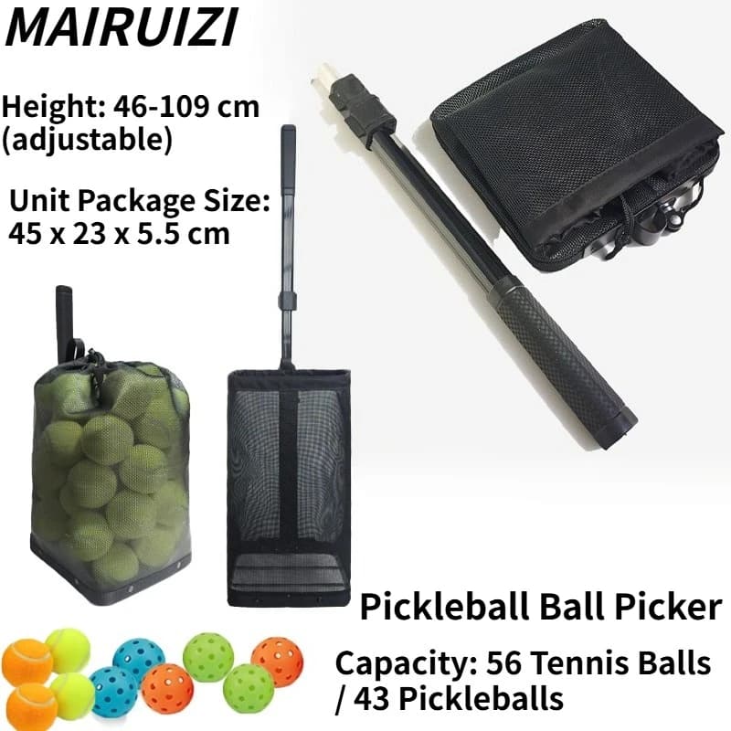 MAIRUIZI Pickleball Tennis Ball Picker Retriever No-Bend Portable Collector 56 Tennis/43 Pickleball Adjustable 46-109cm Training