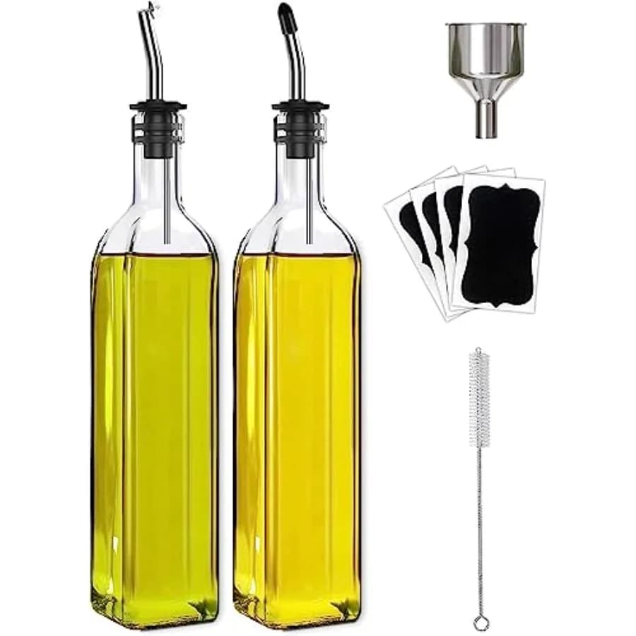 Set di Dispenser per Olio d'Oliva e Aceto in Vetro con Beccucci in Acciaio Inox, 4 Etichette, 1 Spazzola