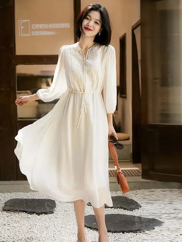 2026 Spring New Chiffon Dress Embroidered Loose Slimming Belly Covering Long Tourist Dress Korean Style High Waist A-Line Skirt