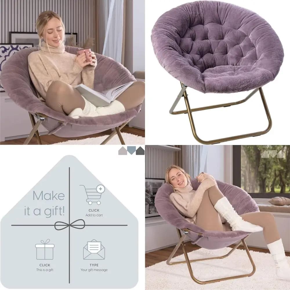 Sedia Circolare Pieghevole XL in Finta Pelliccia Viola per Adulti, Adolescenti e Bambini - Comoda Seduta Decorativa per Camere da Letto, Dormitori e Spazi Gaming