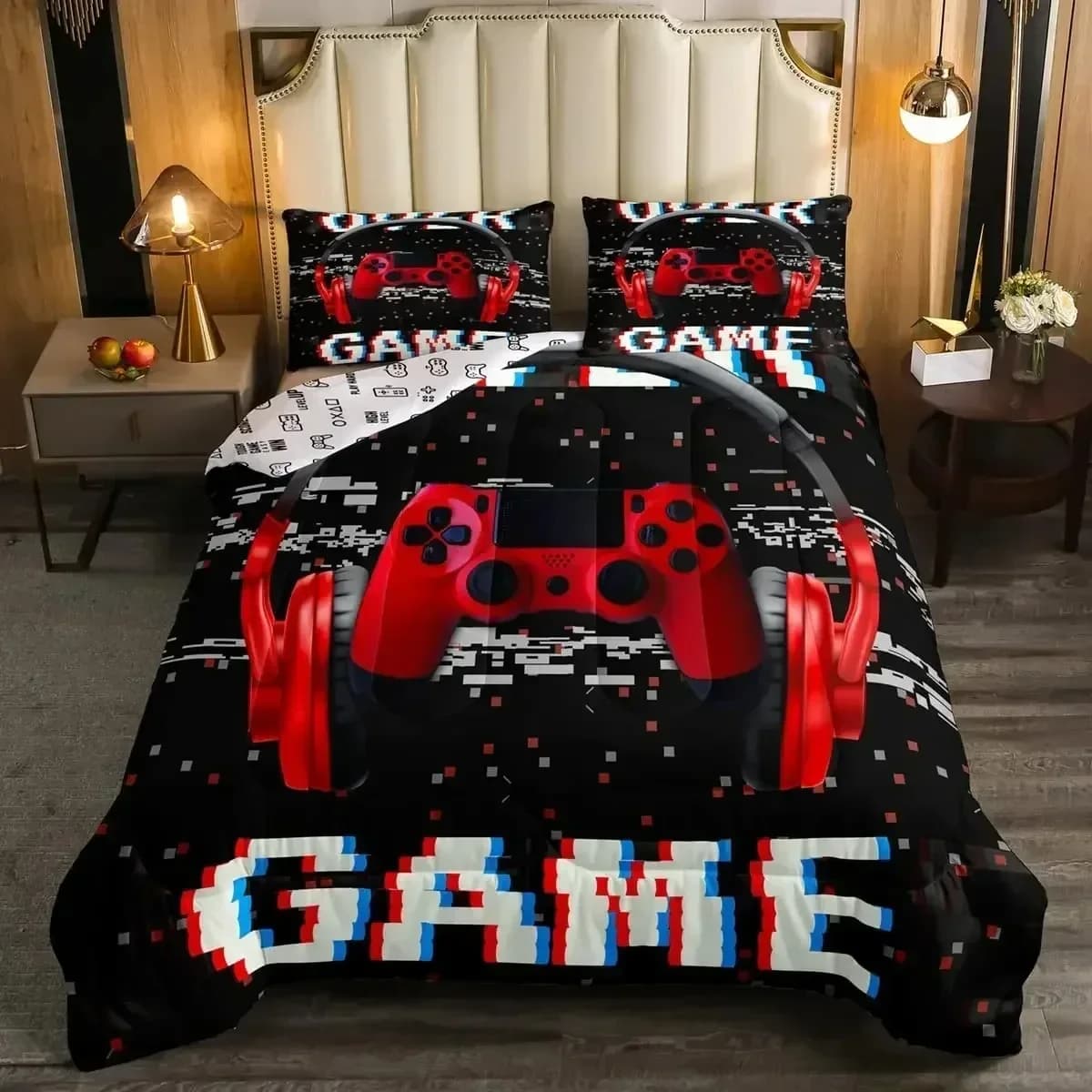 Set di Biancheria da Letto Gaming, Copripiumino in Microfibra, Set Moderno con Stampa Gamepad, Lenzuola, Federe, Piumino per Camera da Letto