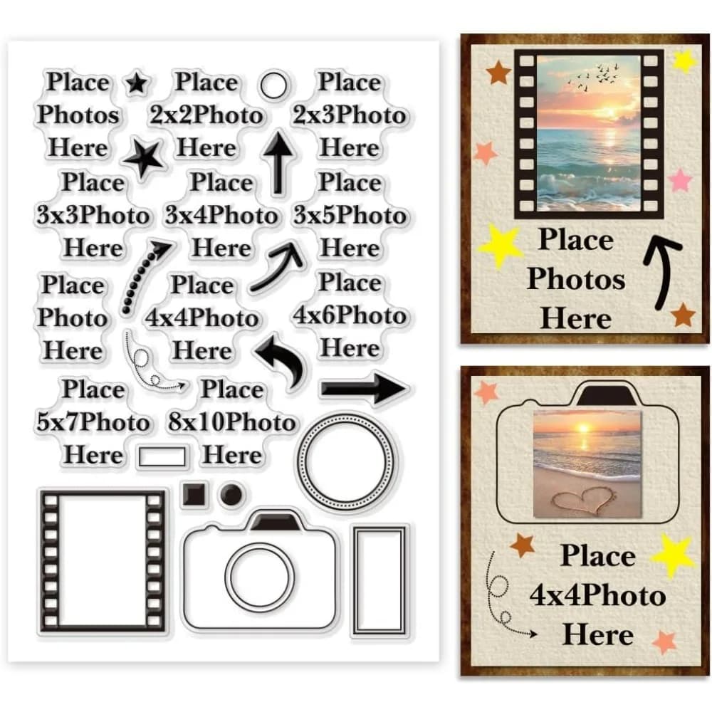 Luaggia foto qui Timbro trasparente Freccia Timbro in silicone Timbro in gomma per fotocamera Cornice per immagine Timbro trasparente Timbro con sigillo per dimensioni dell'immagine