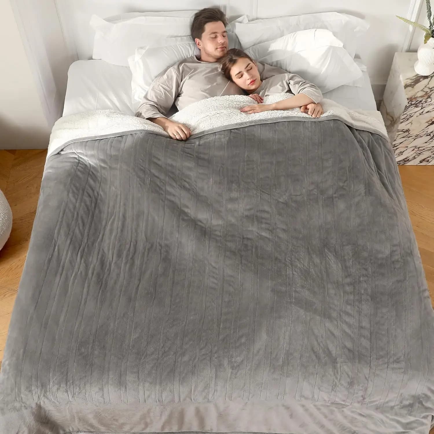 Coperta Elettrica Riscaldata Misura Queen, 84x90 con Doppio Controllo, 5 Livelli di Riscaldamento e Spegnimento Automatico, Morbida Coperta in Sherpa Grigio Chiaro