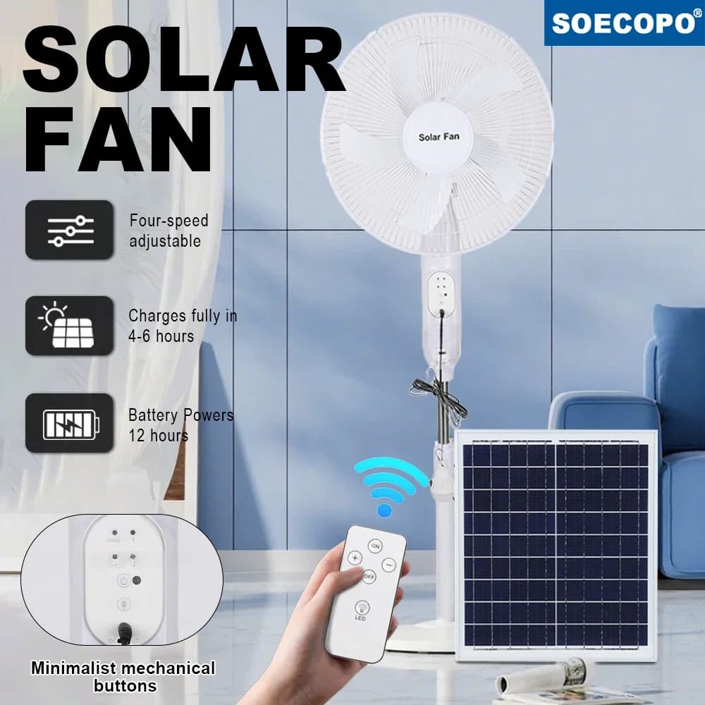 Telecomando/controllo a chiave Ventilatore solare da 16 pollici con pannelli solari Uscita lampadina da 5 V Luce notturna 12 ore di autonomia USB e luce notturna Camera da campeggio