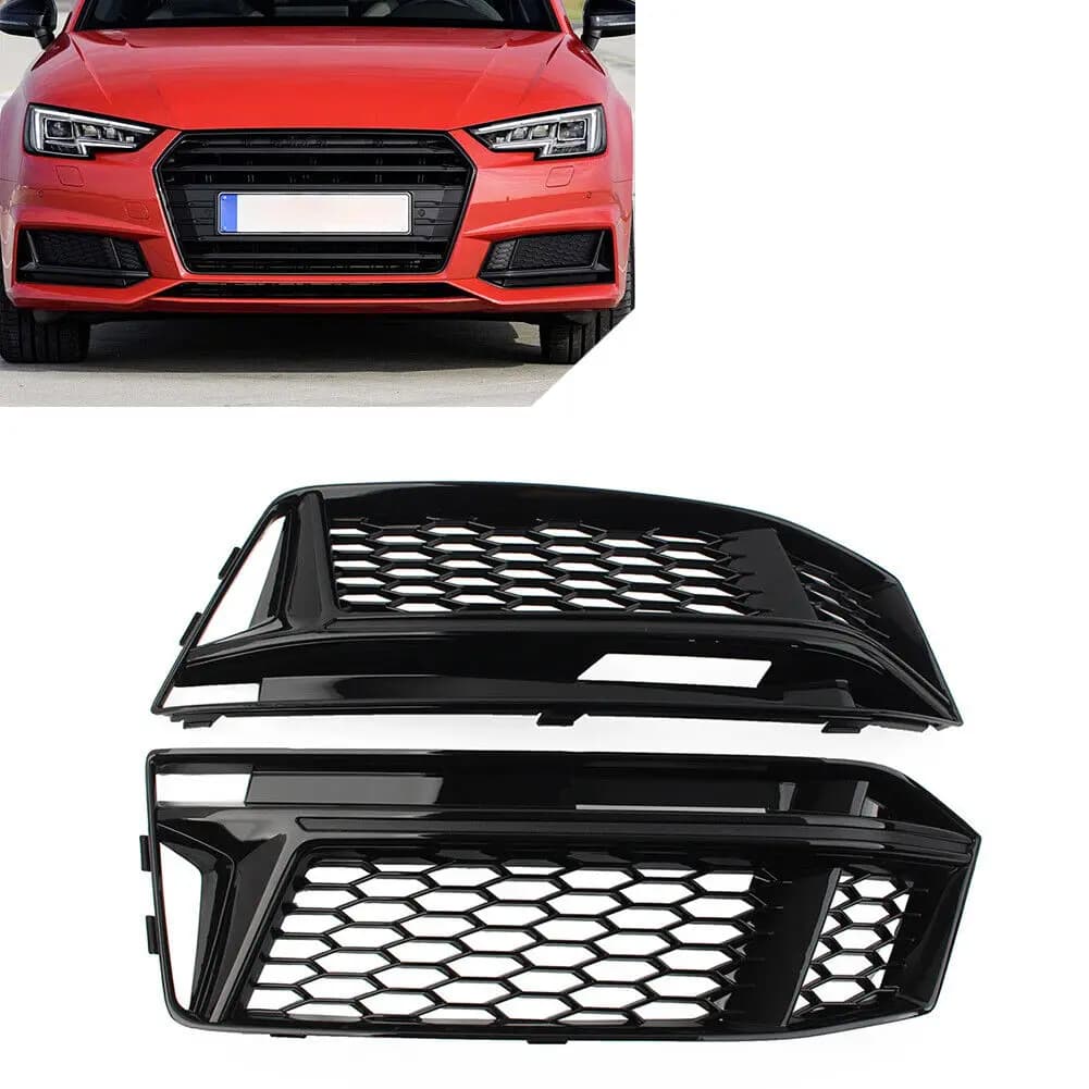 Glossy Black Front Bumper Fog Light Grille For Audi A4 For S4 B9 S-line 2016-2018 Honeycomb Mesh Pair Fog Lamp Cover