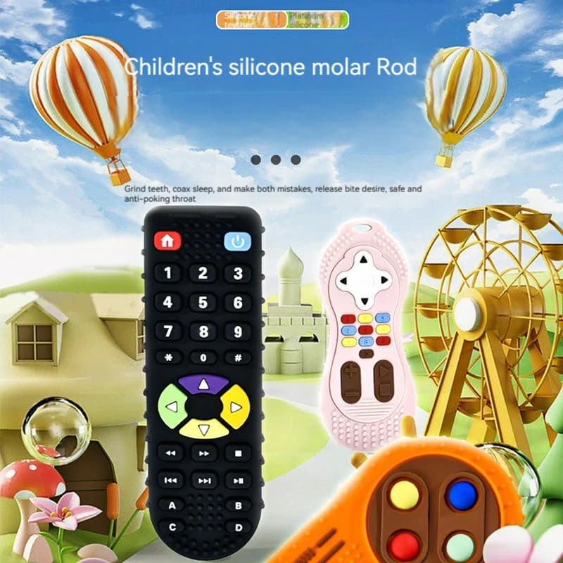 Massaggiagengive per bambini TV Forma telecomando Bastone molare in silicone Materiale sicuro Sollievo dal dolore alle gengive Giocattolo per la dentizione Giocattolo educativo sensoriale per bambini