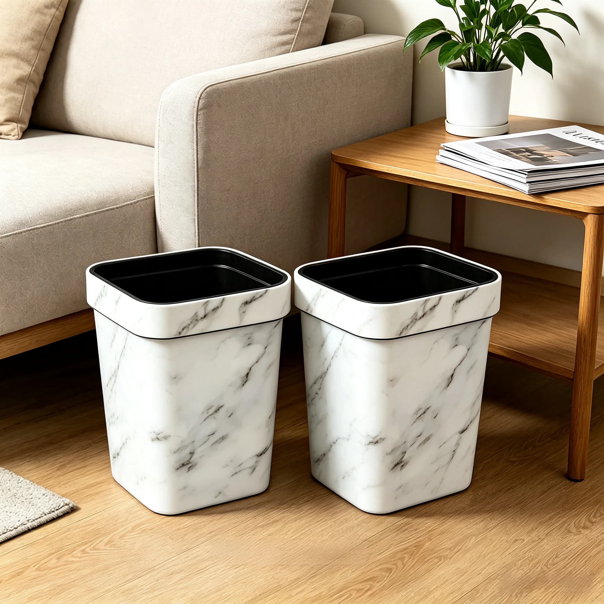 Modern Home Decor White Marble Trash Can 2 Pack,16L Open‑Top Plastic Waste Basket, Dual‑Layer Removable‑Inner‑Bucket Garbage Bin for Living Room Apartment