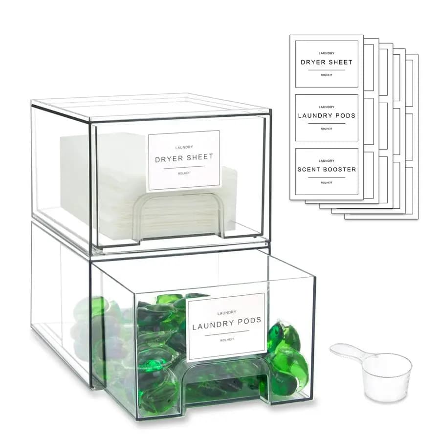 Set di Cassetti Organizzatori per Lavanderia con Etichette, Contenitore Trasparente Impilabile per Foglietti per Asciugatrice e Contenitori per Capsule, Detergente Di