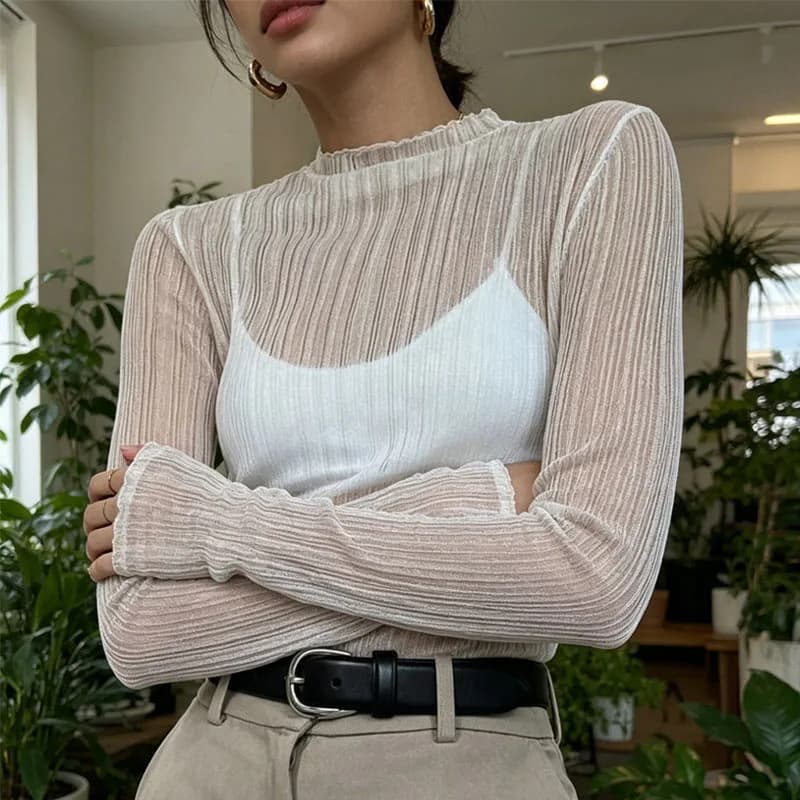 High neck slim fit women's top long sleeved mesh see through T-shirt autumn elegant see through long sleeved T-shirt