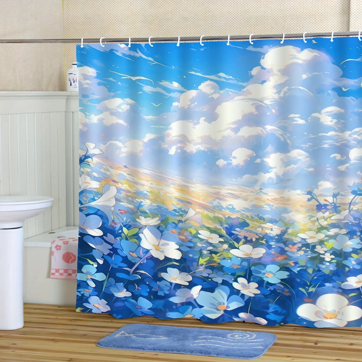 Tenda da doccia con stampa digitale floreale vibrante, fiori colorati, poliestere impermeabile, accessorio da bagno con ganci