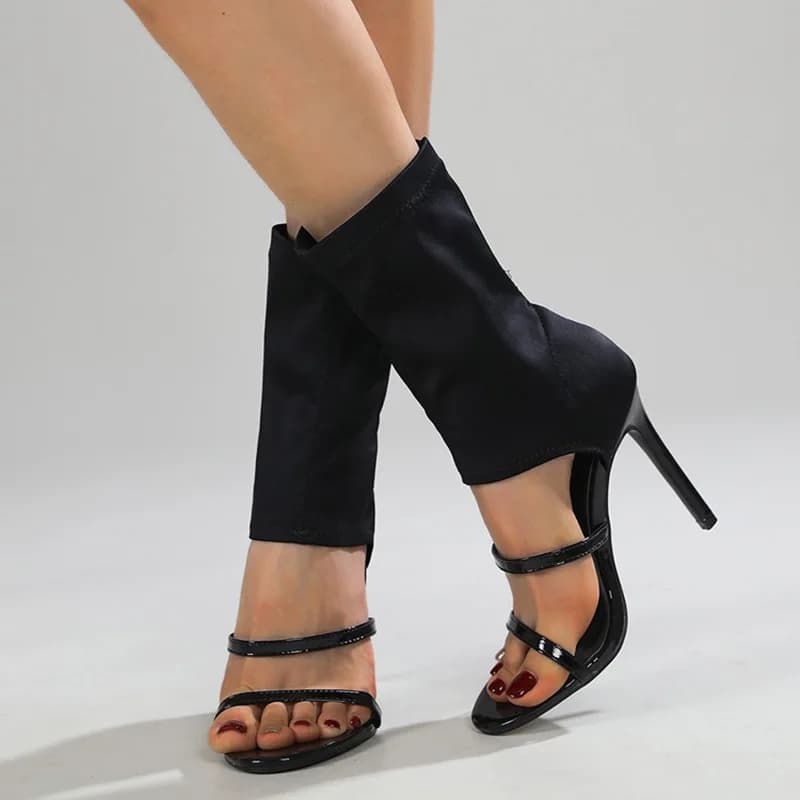 Summer Fashion Open Toe Slip-On Elastic Boots Sandals Women Sexy Black Hollow Pumps 10.5CM High Heels Pole Dancing Shoes WSH5620