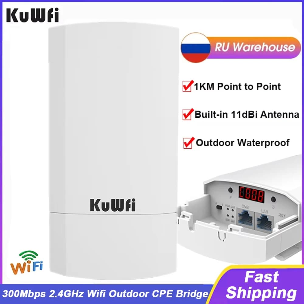 KuWfi Outdooor Wireless Wi-Fi Bridge 300Mbps CPE Bridge PTP Extender a lungo raggio Modalità ripetitore AP 24V POE Protezione contro i fulmini