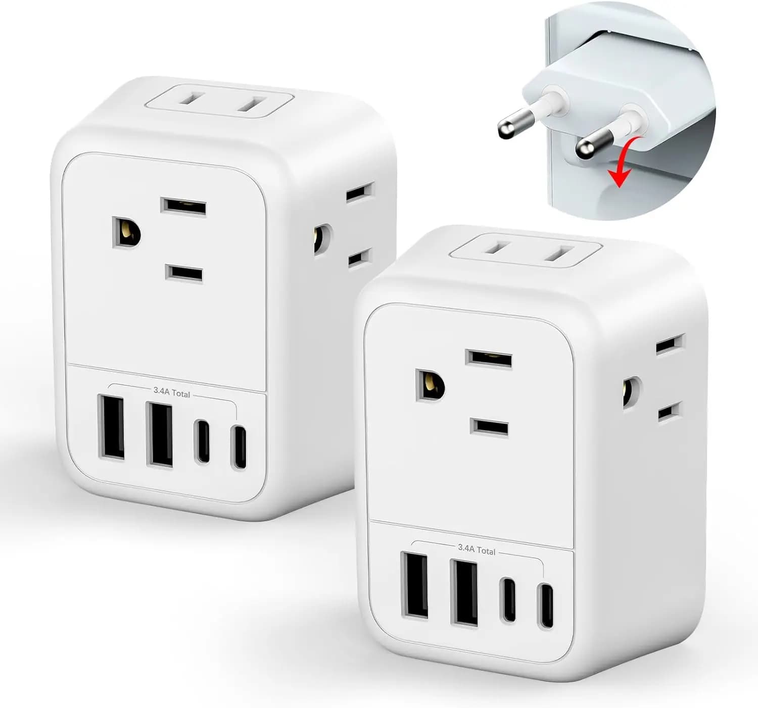 Adattatore da Viaggio Europeo 2 in 1 con 4 Prese e 4 Porte USB (2 USB-C), Pieghevole per Italia, Spagna, Francia