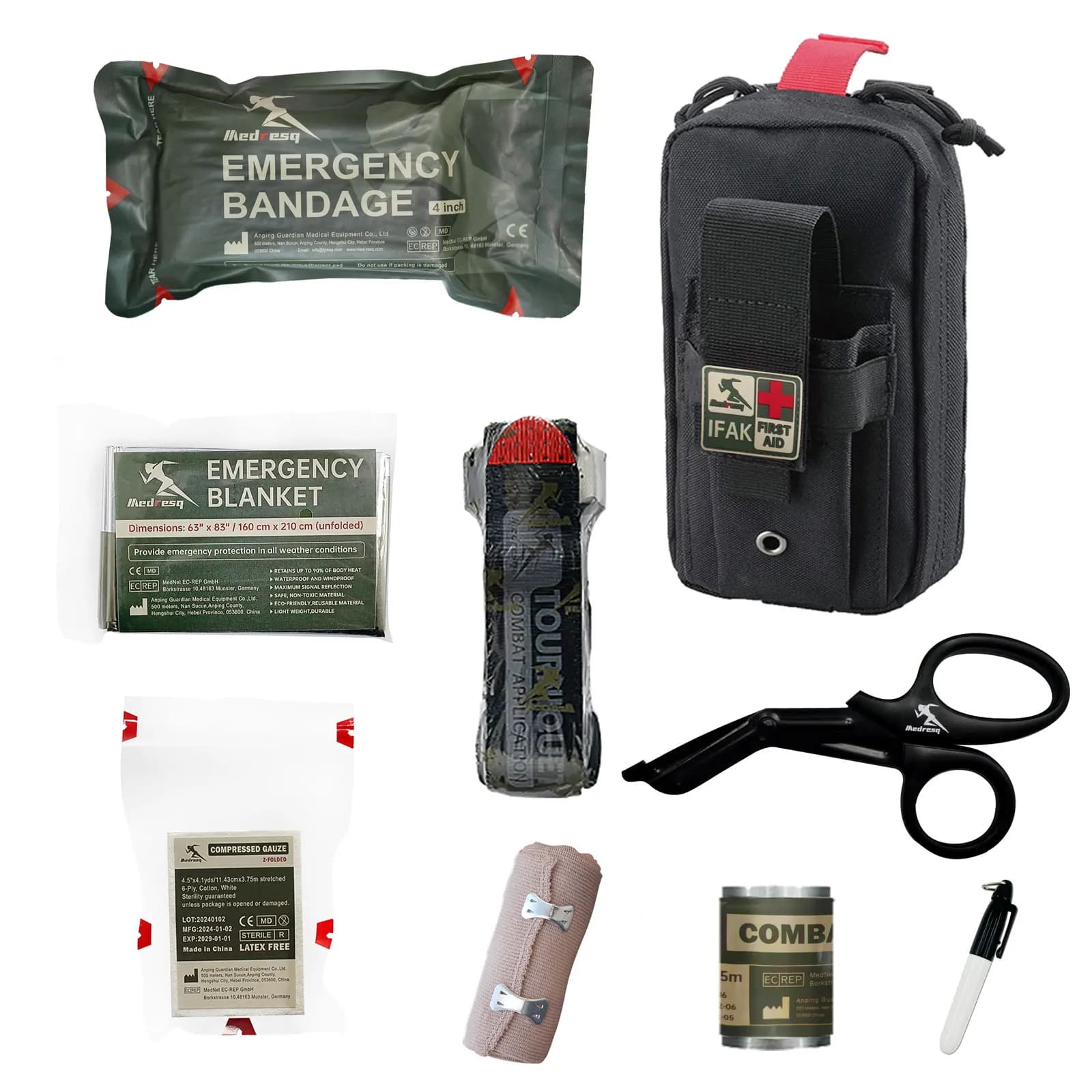 Medresq IFAK Trauma Kit – Elementi essenziali compatti di pronto soccorso di emergenza per militare, campeggio, escursionismo e sopravvivenza quotidiana (nero)