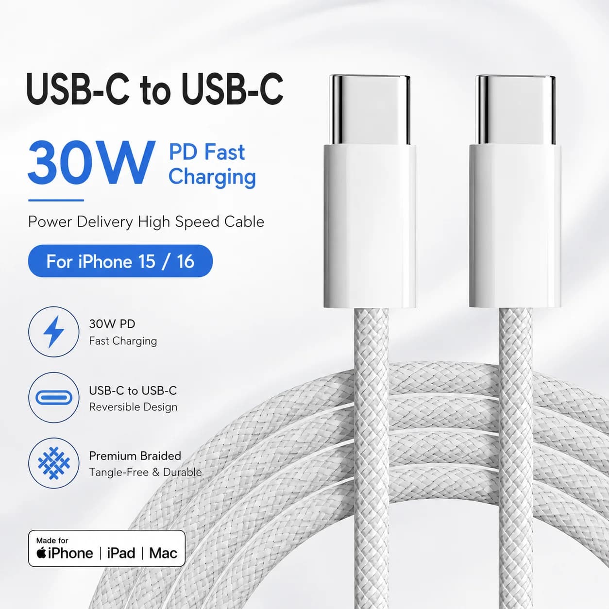 USB C to USB C Cable for iPhone 15 16 17 Pro Max PD Fast Charging Braided Type C Data Cable 1M 1.5M 2M