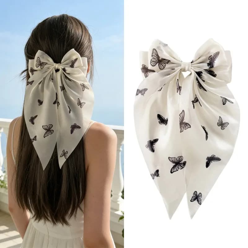 Elegant black hair clips with butterfly print, adorable transparent flakes, fashionable accessories, stylish headdress for girls, for casual everyday outfits.
