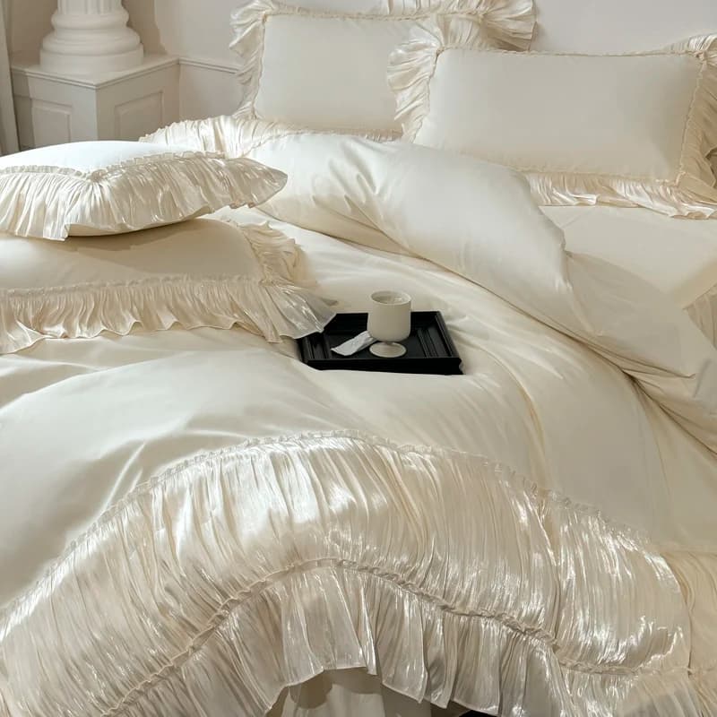 Set di Biancheria da Letto Vintage Francese in Pizzo Plissettato 100% Cotone Copripiumino Lenzuolo o Gonna Letto Federe 4 Pezzi