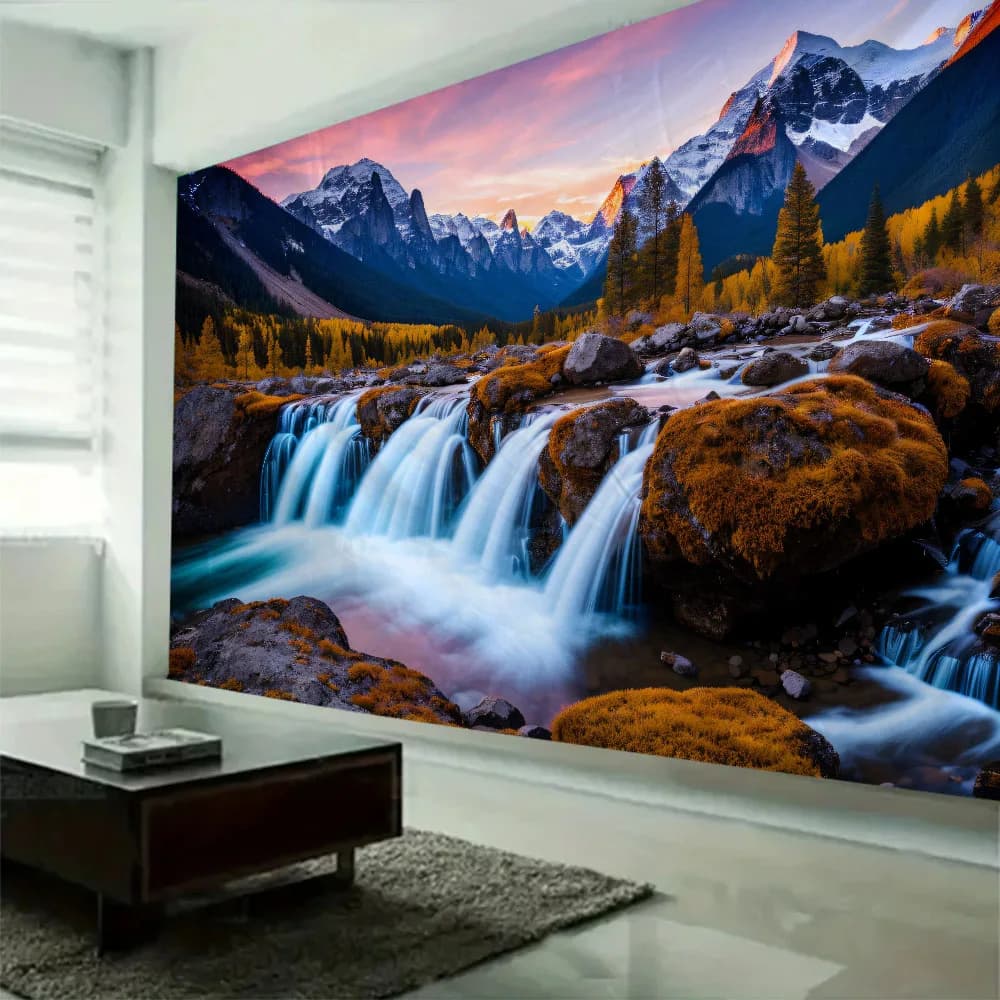 Wall arch with jungle waterfall, decoration, room, home background, aesthetics, blankets, sheets, poster printed with landscapes