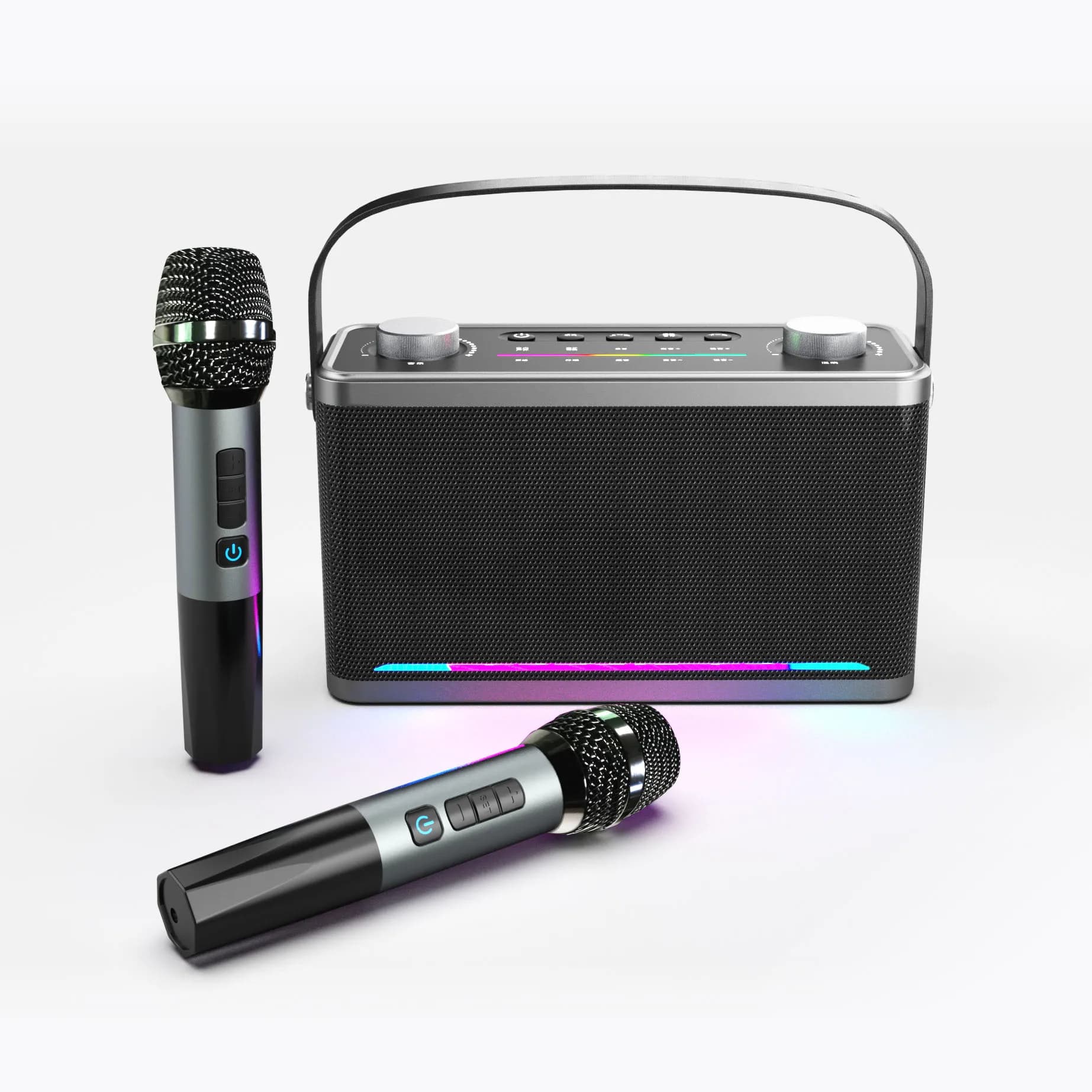 Nuova macchina per karaoke con microfono wireless Altoparlante portatile da esterno da 80 W Sistema PA per bassi profondi con luci LED da discoteca