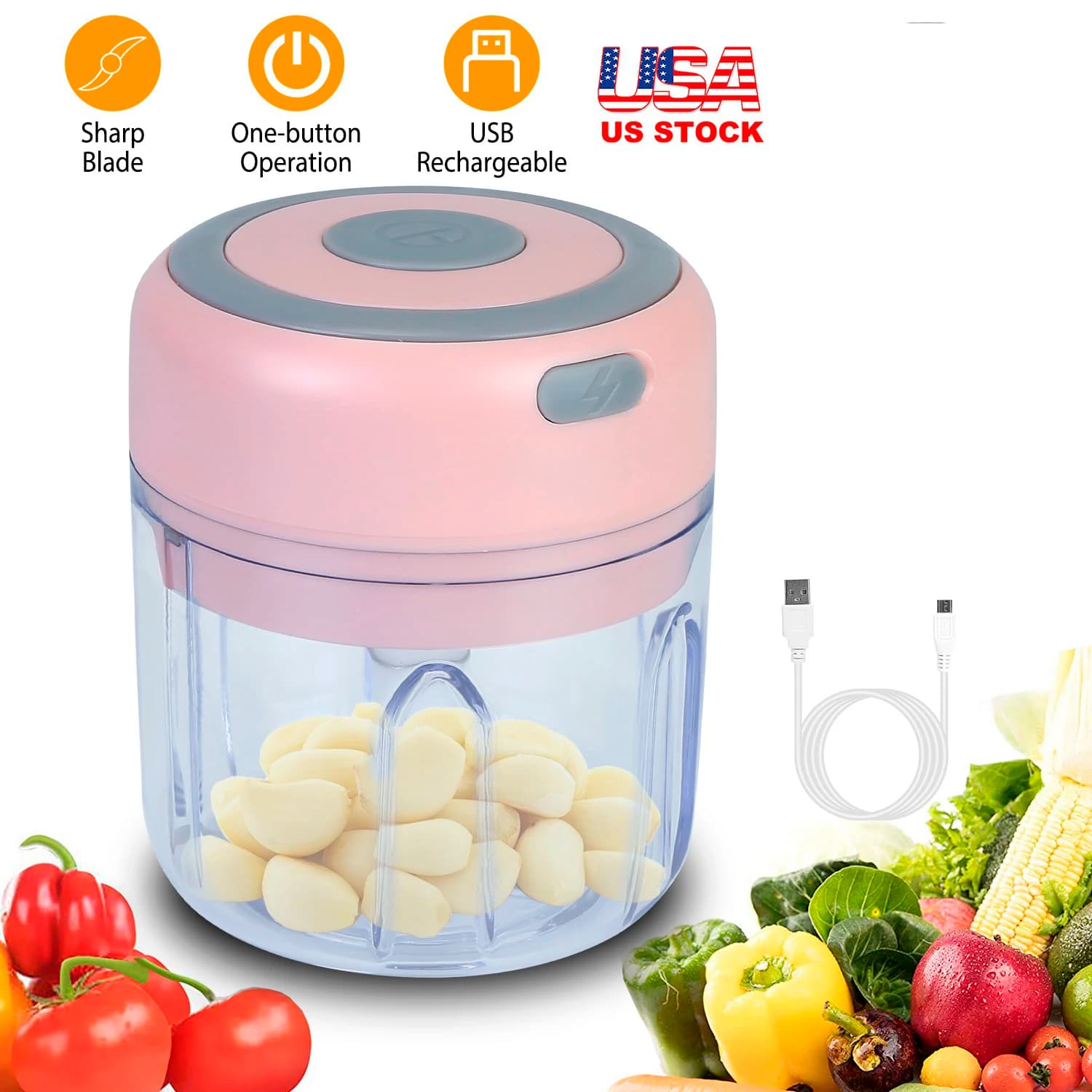 Electric Garlic Chopper Mini Food Processor, Cordless Garlic Mincer 8.45oz Portable Onion Chili Vegetable Chopper, USA Stock Fast Shipping Blender Meat Grinder Ginger Nut Pepper Blender