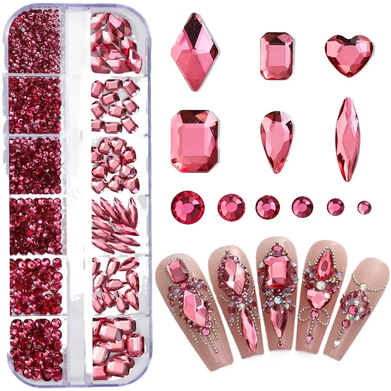 12 Grids Sparkle Translucent Colorful Mix Shapes Flatback Glass Diamonds Nail Art Rhinestones Jewel Decorations Manicure Charms