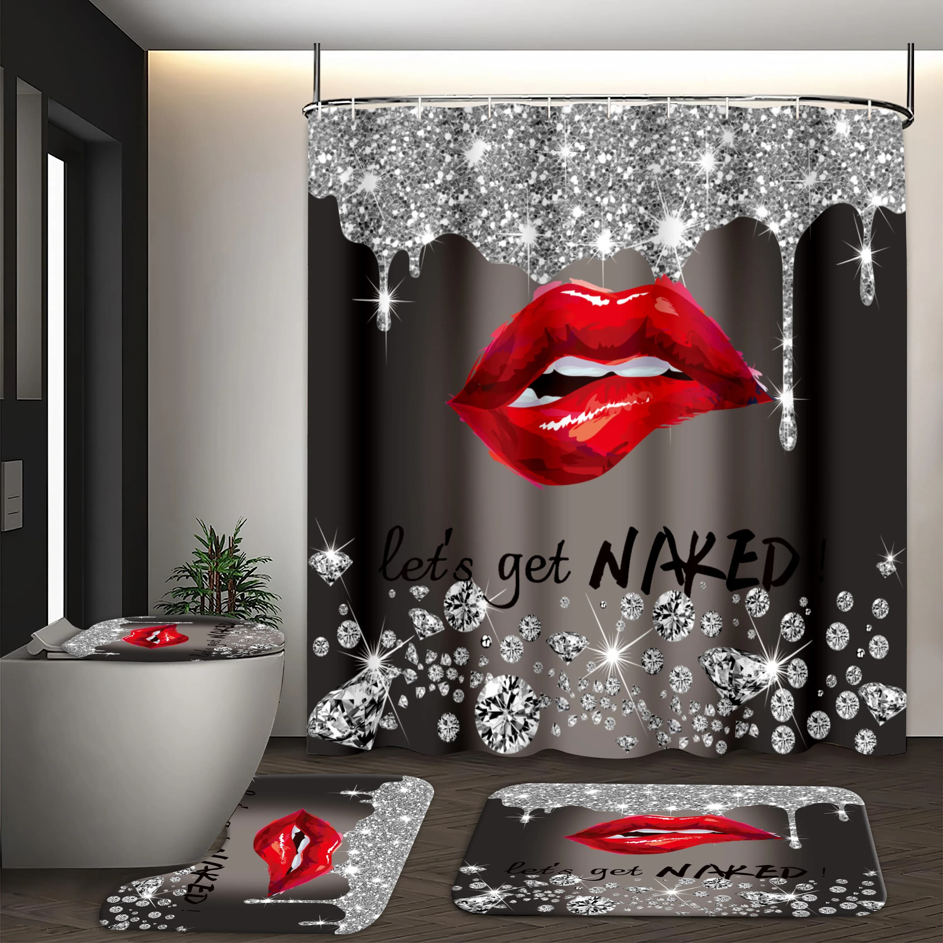 4 pezzi "Set di tende da doccia glamour labbra rosse con tappetino da bagno, imbottitura a forma di U, coprisedile per WC - Decorazione da bagno in poliestere impermeabile"