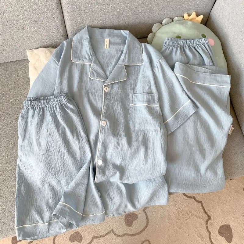 Youth Men's Slim Fit New Pajama 3PC Set Solid Color Short Sleeve Lapel Top and Elastic Pants Pajamas Summer Loungewear Sleepwear
