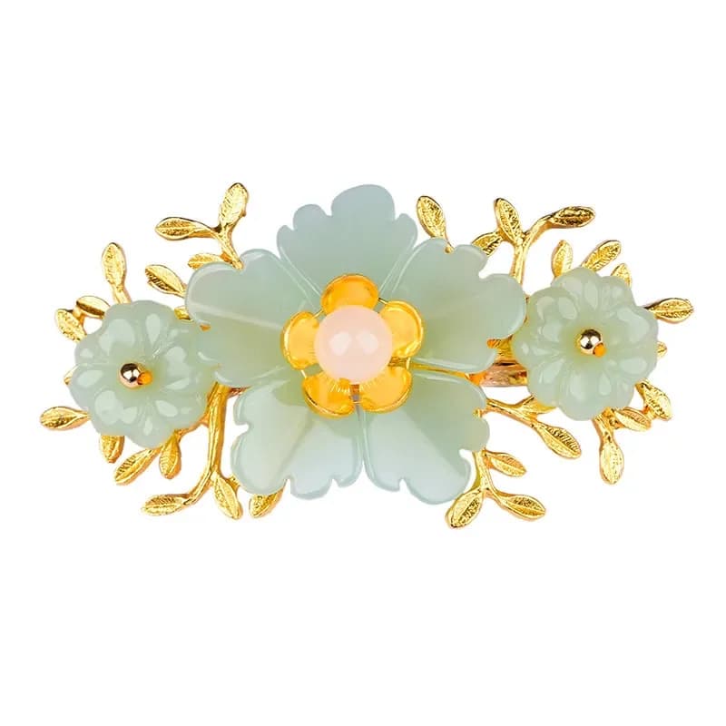 Green Jade Flower Bars Designer Hairpin 18K Gold Plated Charm Fashion Vintage Natural Jewelry Accessories Clips for True Hair