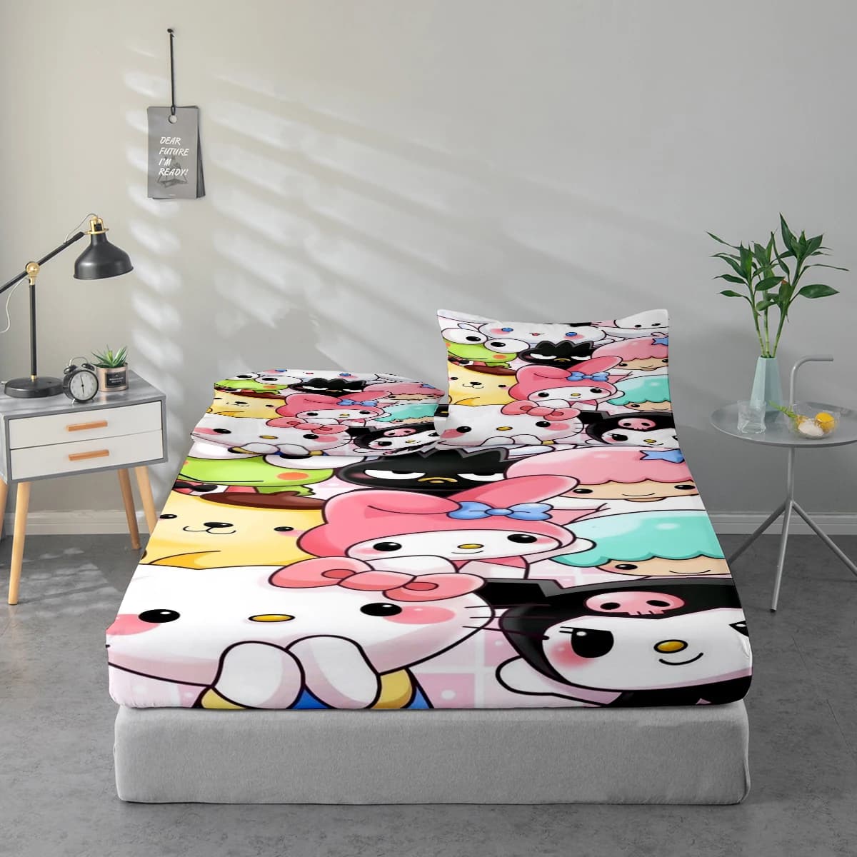 Set di lenzuola stampate digitalmente ad alta definizione in 3 pezzi, set di lenzuola stampate con motivo floreale di grandi dimensioni, Hello Kitty e altri personaggi dei cartoni animati, include 1 lenzuolo con angoli + 1/2 federa, adatto per camera da letto, camera degli ospiti, decorazioni per la casa, lenzuolo con angoli in fibra di poliestere + federa, biancheria da letto ultra morbida, tessuto spesso e ultra morbido, confortevole per tutte le stagioni, lavabile in lavatrice